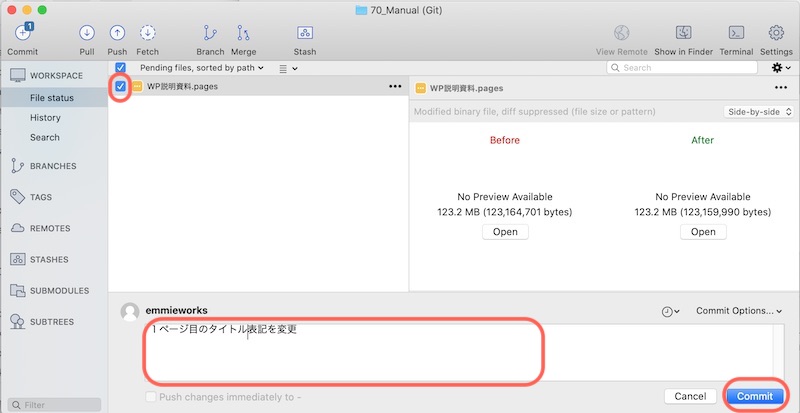 sourcetree上で変更をコミット