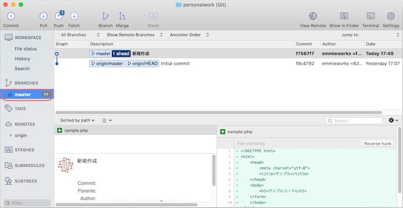 Sourcetreeで変更ログが表示される